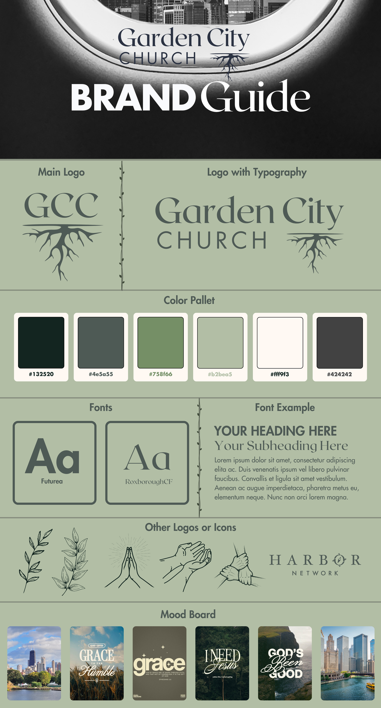 Garden City Church brand guide, logo, color palette, and typography.
